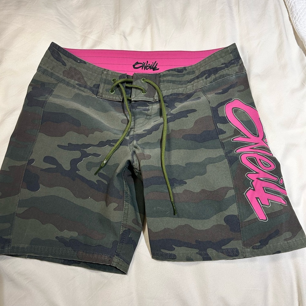 O'Neill Green Camouflage Board Shorts with Pink Logo